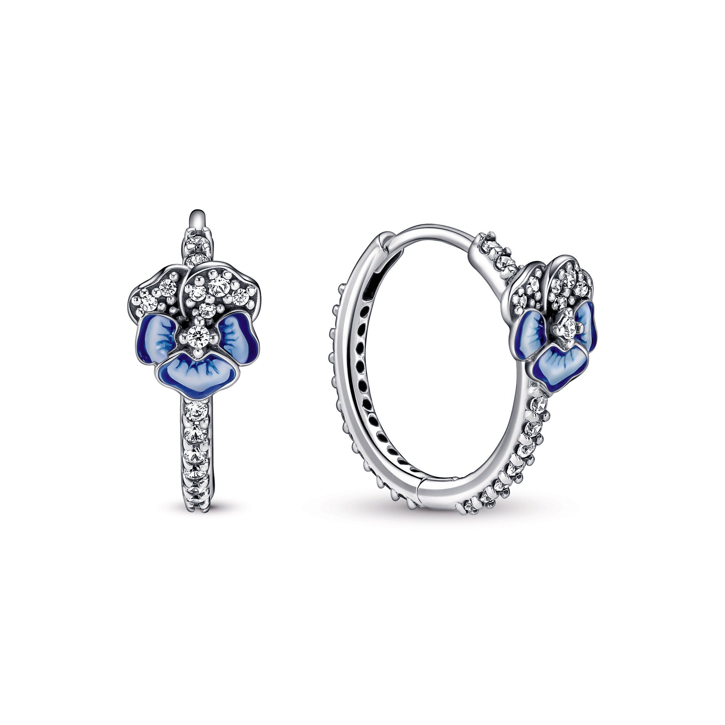 Blue Pansy Flower Hoop Earrings