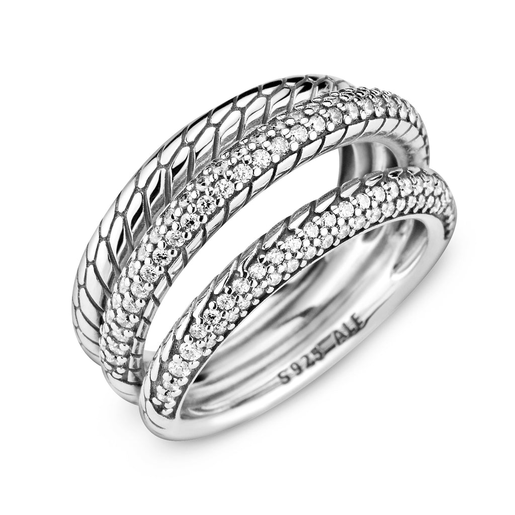 Triple Band Pavé Snake Chain Pattern Ring
