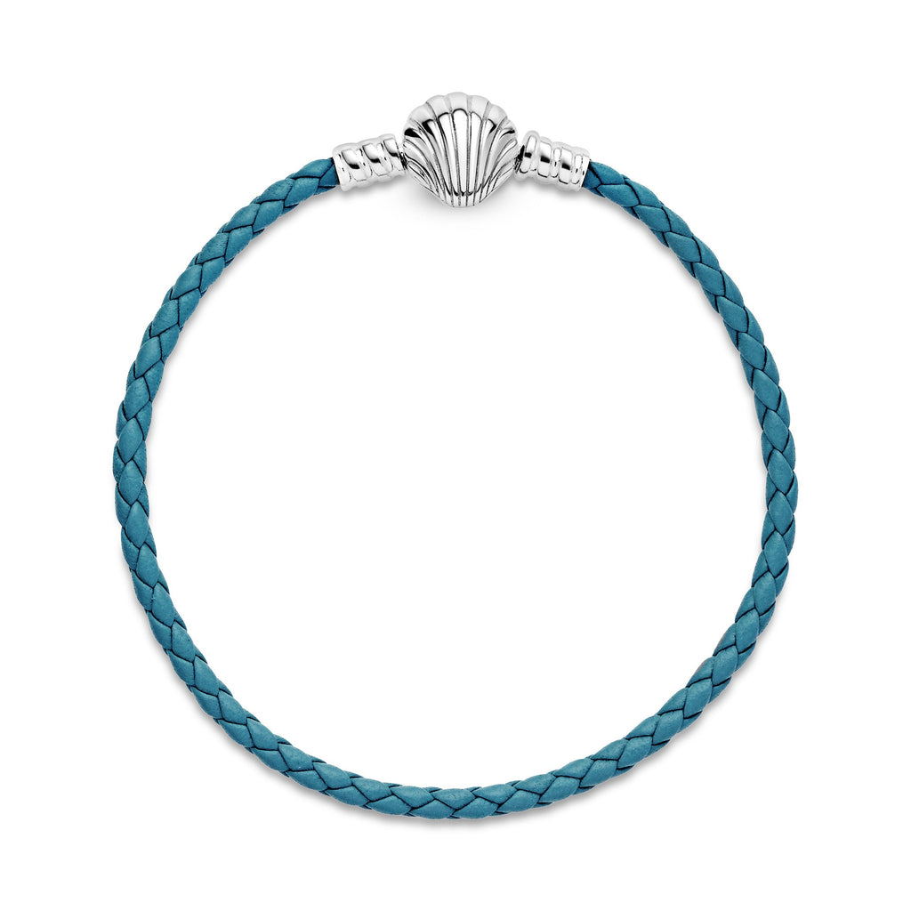 Pandora Moments Seashell Clasp Turquoise Braided Leather Bracelet